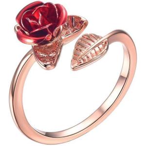 U7 Rose Flower Ring, Stackable Band Ring for Women Girls, Platinum Silver/Gold/Rose Gold Red Signet Rings Adjustable Fit Size 5 to 10(Red Rose-Rose)