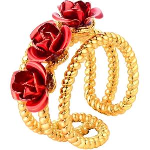 U7 Rose Flower Ring, Stackable Band Ring for Women Girls, Platinum Silver/Gold/Rose Gold Red Signet Rings Adjustable Fit Size 5 to 10(Triple Rose-Gold Band)