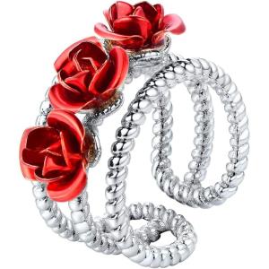 U7 Rose Flower Ring, Stackable Band Ring for Women Girls, Platinum Silver/Gold/Rose Gold Red Signet Rings Adjustable Fit Size 5 to 10(Triple Rose-Platinum Band)