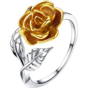 U7 Rose Flower Ring, Stackable Band Ring for Women Girls, Platinum Silver/Gold/Rose Gold Red Signet Rings Adjustable Fit Size 5 to 10(Yellow Rose-925 Silver)