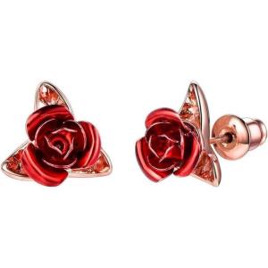 U7 Rose Stud Earrings for Women Girls, Copper 18K Gold Plated Red Flower Earrings, Dainty Jewelry Gifts for Wife Mom(03.Rose Gold)