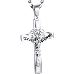 U7 Russian Orthodox Cross Pendant/Praying Hands/Ichthys Sign for Men Women Stainless Steel 18K Gold Plated Jesus Pendant Christian Religious Necklaces, Length 22″ Silver Black Gold(09 St. Benedict Medal Crucifix/Steel)