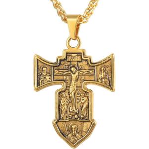 U7 Russian Orthodox Cross Pendant/Praying Hands/Ichthys Sign for Men Women Stainless Steel 18K Gold Plated Jesus Pendant Christian Religious Necklaces, Length 22″ Silver Black Gold(02 Orthodox Cross/Gold)