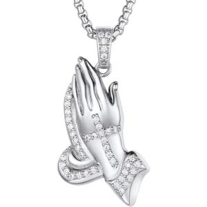 U7 Russian Orthodox Cross Pendant/Praying Hands/Ichthys Sign for Men Women Stainless Steel 18K Gold Plated Jesus Pendant Christian Religious Necklaces, Length 22″ Silver Black Gold(06 Iced Praying Hands/Platinum)