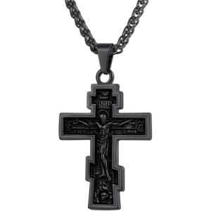 U7 Russian Orthodox Cross Pendant/Praying Hands/Ichthys Sign for Men Women Stainless Steel 18K Gold Plated Jesus Pendant Christian Religious Necklaces, Length 22″ Silver Black Gold(01 Orthodox Cross/Retro Black)