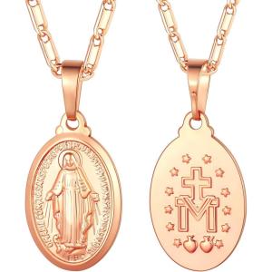 U7 Saint Benedict/Michael Medal Necklace, 316L Stainless Steel Virgin Mary Necklace for Men Women, Bible Verse Protection Necklace Catholic Jewelry,22″-24″ Adjustable(03. Rose Gold)