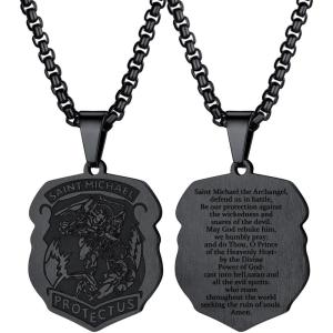 U7 Saint Benedict/Michael Medal Necklace, 316L Stainless Steel Virgin Mary Necklace for Men Women, Bible Verse Protection Necklace Catholic Jewelry,22″-24″ Adjustable(03. Black)