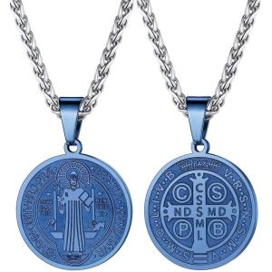 U7 Saint Benedict/Michael Medal Necklace, 316L Stainless Steel Virgin Mary Necklace for Men Women, Bible Verse Protection Necklace Catholic Jewelry,22″-24″ Adjustable(04. Blue)