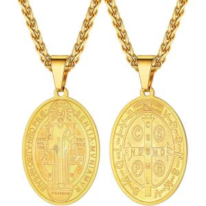 U7 Saint Benedict/Michael Medal Necklace, 316L Stainless Steel Virgin Mary Necklace for Men Women, Bible Verse Protection Necklace Catholic Jewelry,22″-24″ Adjustable(02. Gold)