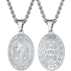 U7 Saint Benedict/Michael Medal Necklace, 316L Stainless Steel Virgin Mary Necklace for Men Women, Bible Verse Protection Necklace Catholic Jewelry,22″-24″ Adjustable(01. Silver)