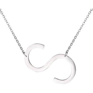 U7 Sideways Large Initial Necklaces for Women, Big Letter Script Name Necklaces Stainless Steel 18K Gold Plated Pendant Monogram Necklace(Silver)