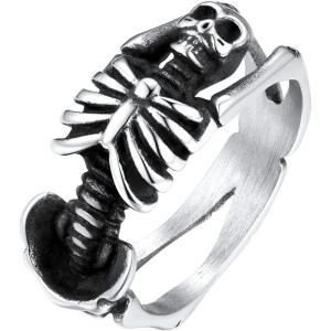 U7 Skull Ring, Skeleton Ring, Biker Ring for Cocktail Party, Gothic Fashion Rings with Skull, Size 7-14,Stainless/Black/Gold Color(B: Silver Skeleton)
