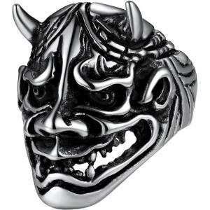 U7 Skull Ring, Skeleton Ring, Biker Ring for Cocktail Party, Gothic Fashion Rings with Skull, Size 7-14,Stainless/Black/Gold Color(C: Silver Devil Horn)