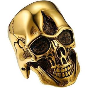 U7 Skull Ring, Skeleton Ring, Biker Ring for Cocktail Party, Gothic Fashion Rings with Skull, Size 7-14,Stainless/Black/Gold Color(E: Gold Skull)