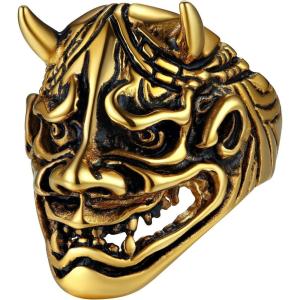 U7 Skull Ring, Skeleton Ring, Biker Ring for Cocktail Party, Gothic Fashion Rings with Skull, Size 7-14,Stainless/Black/Gold Color(F: Gold Devil Horn)