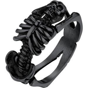 U7 Skull Ring, Skeleton Ring, Biker Ring for Cocktail Party, Gothic Fashion Rings with Skull, Size 7-14,Stainless/Black/Gold Color(G: Black Skeleton)
