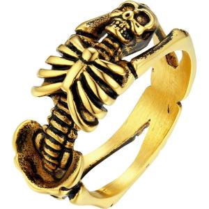 U7 Skull Ring, Skeleton Ring, Biker Ring for Cocktail Party, Gothic Fashion Rings with Skull, Size 7-14,Stainless/Black/Gold Color(G: Gold Skeleton)