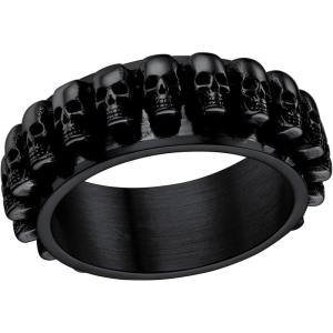 U7 Skull Ring, Skeleton Ring, Biker Ring for Cocktail Party, Gothic Fashion Rings with Skull, Size 7-14,Stainless/Black/Gold Color(H: Black Skull Heads)