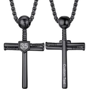 U7 Soccer Necklace for Men Football Baseball Basketball Stainless Steel Chain in Gold Silver Black Color, Shoes Pendant Necklaces for Gym Sport Players Hip Hop Jewelry, 22 Inch(B-Baseball Cross-Black-Custom Jersey Number+Text)