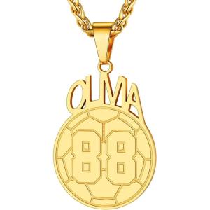 U7 Soccer Necklace for Men Football Baseball Basketball Stainless Steel Chain in Gold Silver Black Color, Shoes Pendant Necklaces for Gym Sport Players Hip Hop Jewelry, 22 Inch(H-Soccer Number+Name-Gold-Customized)