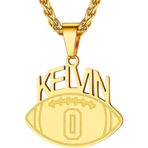 U7 Soccer Necklace for Men Football Baseball Basketball Stainless Steel Chain in Gold Silver Black Color, Shoes Pendant Necklaces for Gym Sport Players Hip Hop Jewelry, 22 Inch(Z-Football Number+Name-Gold-Customized)