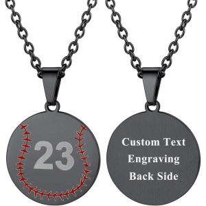 U7 Soccer Necklace for Men Football Baseball Basketball Stainless Steel Chain in Gold Silver Black Color, Shoes Pendant Necklaces for Gym Sport Players Hip Hop Jewelry, 22 Inch(E-Baseball-Black-Custom Jersey Number+Text)