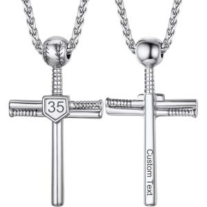 U7 Soccer Necklace for Men Football Baseball Basketball Stainless Steel Chain in Gold Silver Black Color, Shoes Pendant Necklaces for Gym Sport Players Hip Hop Jewelry, 22 Inch(B-Baseball Cross-Stainless-Custom Jersey Number+Text)