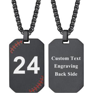 U7 Soccer Necklace for Men Football Baseball Basketball Stainless Steel Chain in Gold Silver Black Color, Shoes Pendant Necklaces for Gym Sport Players Hip Hop Jewelry, 22 Inch(F-Baseball Number Dog Tags-Black-Customized)