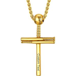 U7 Soccer Necklace for Men Football Baseball Basketball Stainless Steel Chain in Gold Silver Black Color, Shoes Pendant Necklaces for Gym Sport Players Hip Hop Jewelry, 22 Inch(D-Baseball Cross-Gold-Custom Text)