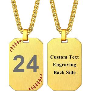 U7 Soccer Necklace for Men Football Baseball Basketball Stainless Steel Chain in Gold Silver Black Color, Shoes Pendant Necklaces for Gym Sport Players Hip Hop Jewelry, 22 Inch(F-Baseball Number Dog Tags-Gold-Customized)
