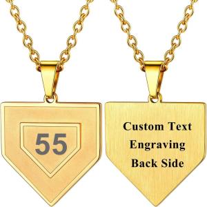 U7 Soccer Necklace for Men Football Baseball Basketball Stainless Steel Chain in Gold Silver Black Color, Shoes Pendant Necklaces for Gym Sport Players Hip Hop Jewelry, 22 Inch(C-Baseball Home Base-Gold-Custom Number+Text)