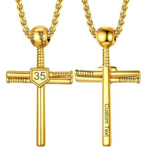 U7 Soccer Necklace for Men Football Baseball Basketball Stainless Steel Chain in Gold Silver Black Color, Shoes Pendant Necklaces for Gym Sport Players Hip Hop Jewelry, 22 Inch(B-Baseball Cross-Gold-Custom Jersey Number+Text)