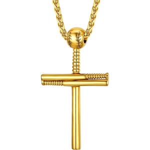 U7 Soccer Necklace for Men Football Baseball Basketball Stainless Steel Chain in Gold Silver Black Color, Shoes Pendant Necklaces for Gym Sport Players Hip Hop Jewelry, 22 Inch(06-Baseball Cross-Gold)