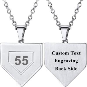 U7 Soccer Necklace for Men Football Baseball Basketball Stainless Steel Chain in Gold Silver Black Color, Shoes Pendant Necklaces for Gym Sport Players Hip Hop Jewelry, 22 Inch(C-Baseball Home Base-Stainless-Custom Number+Text)