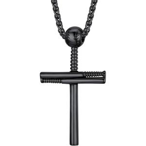 U7 Soccer Necklace for Men Football Baseball Basketball Stainless Steel Chain in Gold Silver Black Color, Shoes Pendant Necklaces for Gym Sport Players Hip Hop Jewelry, 22 Inch(06-Baseball Cross-Black)