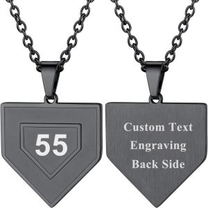 U7 Soccer Necklace for Men Football Baseball Basketball Stainless Steel Chain in Gold Silver Black Color, Shoes Pendant Necklaces for Gym Sport Players Hip Hop Jewelry, 22 Inch(C-Baseball Home Base-Black-Custom Number+Text)