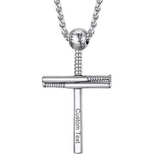 U7 Soccer Necklace for Men Football Baseball Basketball Stainless Steel Chain in Gold Silver Black Color, Shoes Pendant Necklaces for Gym Sport Players Hip Hop Jewelry, 22 Inch(D-Baseball Cross-Stainless-Custom Text)