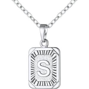 U7 Square Initial Necklace for Women, Gold/Platinum Plated A-Z 26 Letters Pendant Necklace, Large Capital Monogram Retangle Tag Necklace, Resizable Chain 20″-22″(b. Silver)