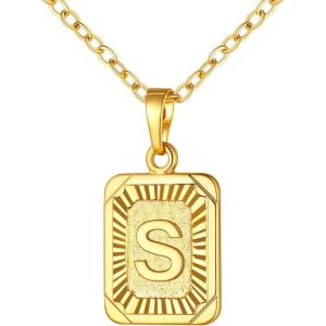 U7 Square Initial Necklace for Women, Gold/Platinum Plated A-Z 26 Letters Pendant Necklace, Large Capital Monogram Retangle Tag Necklace, Resizable Chain 20″-22″(a. Gold)