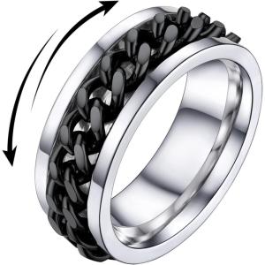 U7 Stainless Steel Mens Rings,7mm Gold/Black/Silver Chain Rings Fidget Spinner Ring Anxiety Ring for Men Women,Size 6-14(Inlaid Chain Ring-Black)
