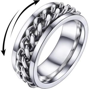 U7 Stainless Steel Mens Rings,7mm Gold/Black/Silver Chain Rings Fidget Spinner Ring Anxiety Ring for Men Women,Size 6-14(Inlaid Chain Ring-Stainless)