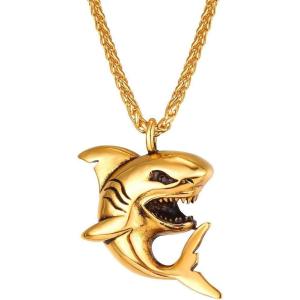 U7 Stainless Steel Shark Necklaces,18K Gold Plated Dolphin/Swordfish/Shark Pendant Necklace,Punk Mens Jewelry(1.Shark-18K Gold)