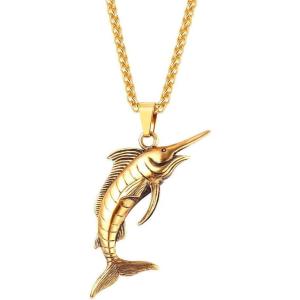 U7 Stainless Steel Shark Necklaces,18K Gold Plated Dolphin/Swordfish/Shark Pendant Necklace,Punk Mens Jewelry(2.Swordfish-18K Gold)