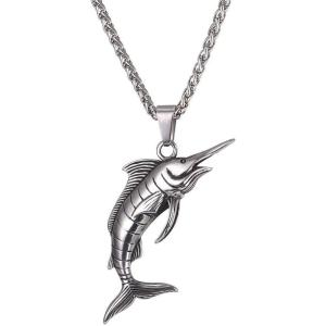 U7 Stainless Steel Shark Necklaces,18K Gold Plated Dolphin/Swordfish/Shark Pendant Necklace,Punk Mens Jewelry(2.Swordfish-Steel)