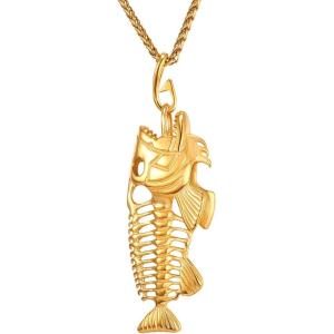 U7 Stainless Steel Shark Necklaces,18K Gold Plated Dolphin/Swordfish/Shark Pendant Necklace,Punk Mens Jewelry(3.Fish Bone-18K Gold)