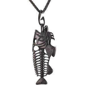 U7 Stainless Steel Shark Necklaces,18K Gold Plated Dolphin/Swordfish/Shark Pendant Necklace,Punk Mens Jewelry(3.Fish Bone-Black)