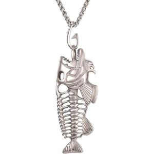 U7 Stainless Steel Shark Necklaces,18K Gold Plated Dolphin/Swordfish/Shark Pendant Necklace,Punk Mens Jewelry(3.Fish Bone-Steel)