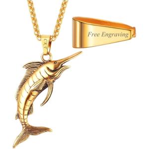 U7 Stainless Steel Shark Necklaces,18K Gold Plated Dolphin/Swordfish/Shark Pendant Necklace,Punk Mens Jewelry(8.Swordfish-18K Gold-Engraved)