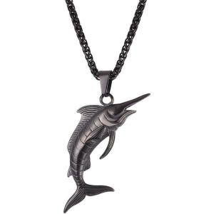 U7 Stainless Steel Shark Necklaces,18K Gold Plated Dolphin/Swordfish/Shark Pendant Necklace,Punk Mens Jewelry(8.Swordfish-Black-Engraved)