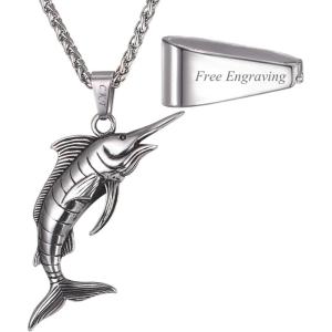 U7 Stainless Steel Shark Necklaces,18K Gold Plated Dolphin/Swordfish/Shark Pendant Necklace,Punk Mens Jewelry(8.Swordfish-Steel-Engraved)